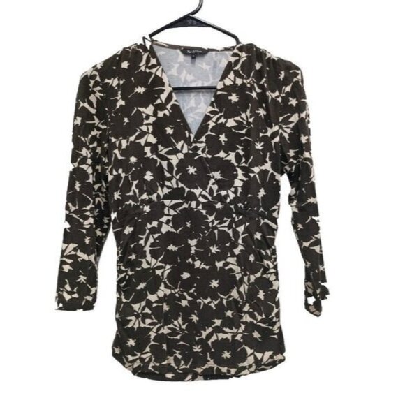 NIC+ZOE Tops - Nic+Zoe Womens Floral Top Small Brown Surplice Jersey Ruched 3/4 Sleeve Y2K